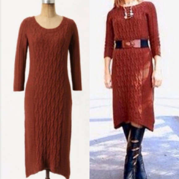 Anthropologie Sparrow Cashmere Cable Knit Midi Sweater Dress Rust Brown Size XS - Picture 2 of 11